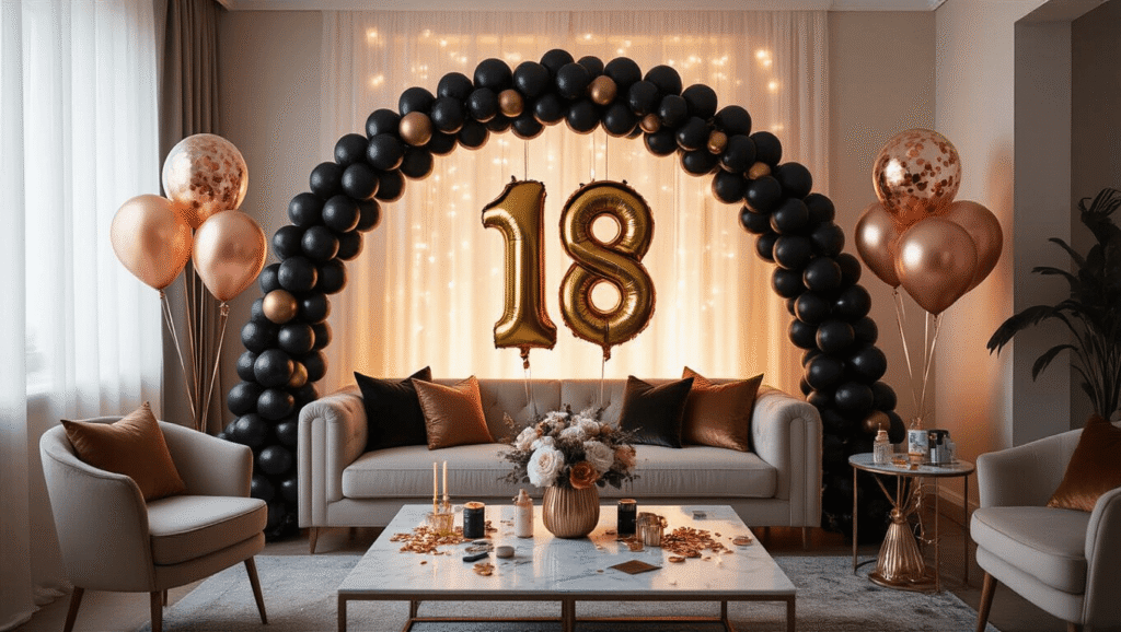 Sophisticated 18th birthday balloon setup with black and gold arch, oversized "18" foil numbers, rose gold confetti balloons, and warm golden hour lighting, creating an elegant party atmosphere.