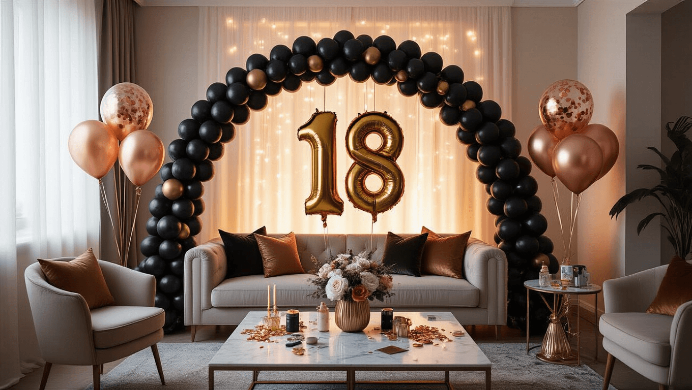 Sophisticated 18th birthday balloon setup with black and gold arch, oversized "18" foil numbers, rose gold confetti balloons, and warm golden hour lighting, creating an elegant party atmosphere.