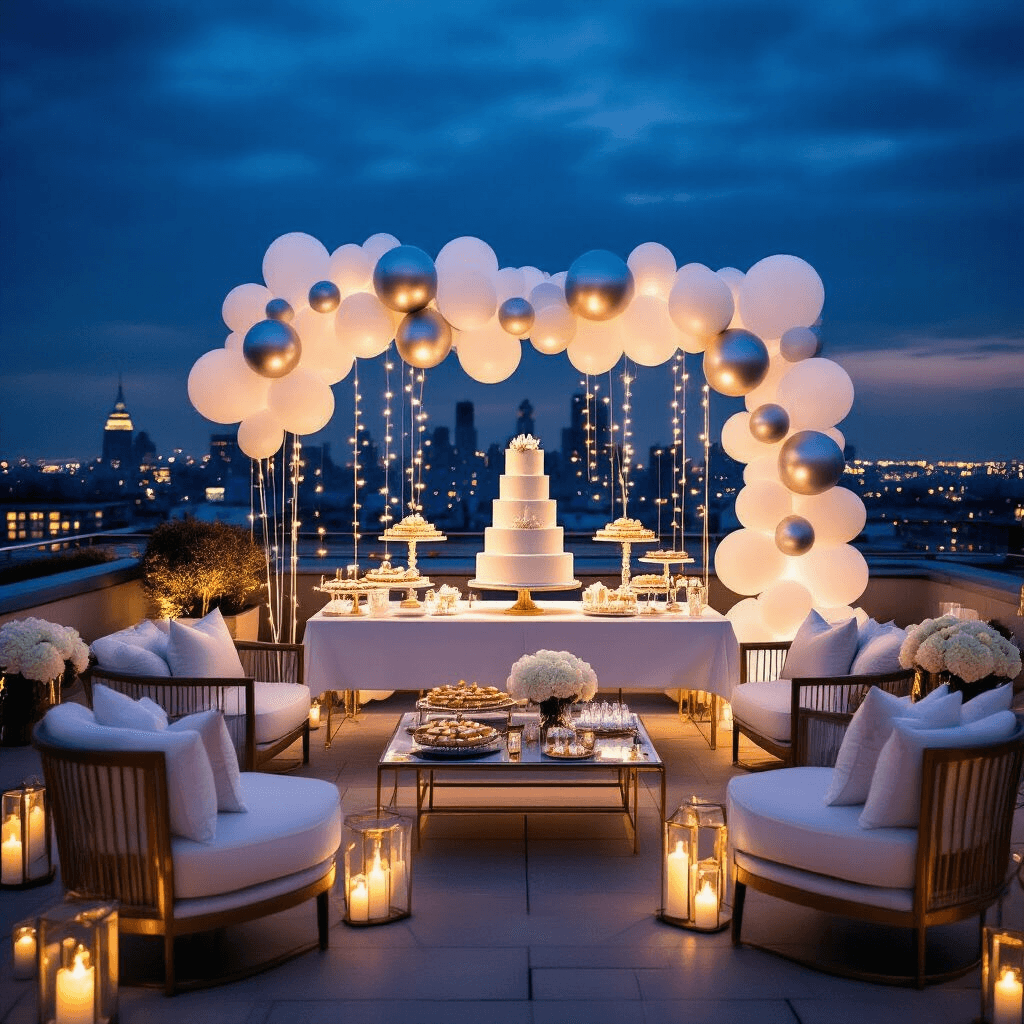 A luxurious rooftop terrace birthday celebration featuring modern furniture, elegant decor with white linens and gold accents, a stunning balloon installation, a three-tier fondant cake, and ambient lighting from LED candles and string lights against a city skyline backdrop.
