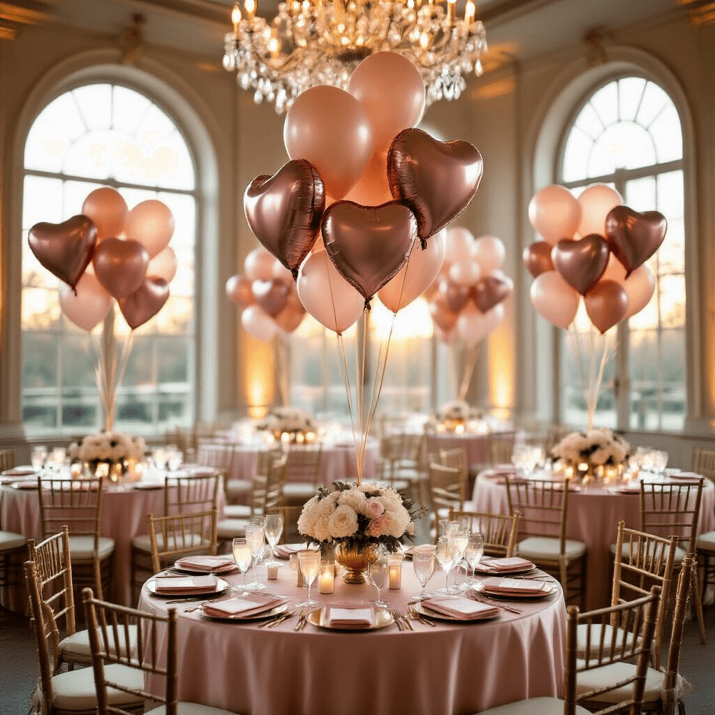 Elegant indoor ballroom adorned for a milestone birthday, featuring metallic heart and star-shaped balloons over blush pink silk tables, golden hour light through arched windows, crystal chandeliers, ivory candles, peony and garden rose centerpieces, personalized calligraphy place cards, champagne gold Chiavari chairs with sheer ivory sashes, and a reflective marble floor.