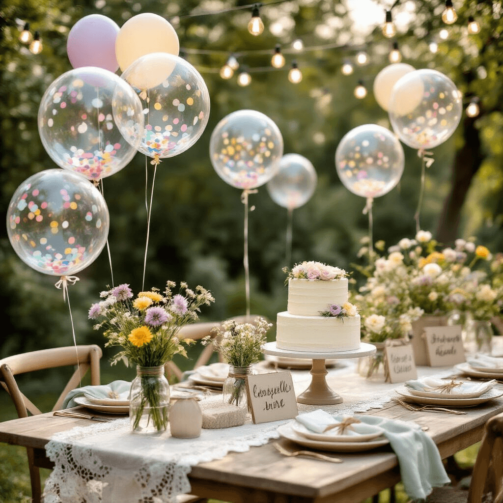 Close-up of a whimsical outdoor garden party setup featuring floating bubble balloons filled with confetti, soft pastel latex balloons, vintage lace runners on low wooden tables, mismatched china on sage linen napkins, mason jars of wildflowers, and a tiered vanilla cake adorned with buttercream flowers, all illuminated by soft morning light and string lights.