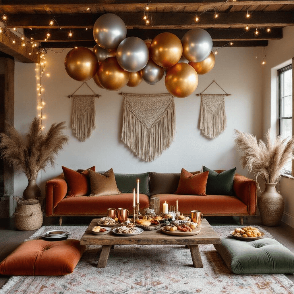 Overhead flat lay of a cozy living room celebration with metallic silver and gold Orbz balloons above terracotta and sage green plush cushions around a reclaimed wood coffee table. Fairy lights on wooden beams and flickering pillar candles create ambiance, while a rustic charcuterie board, ceramic plates, and copper mugs adorn the table. Macrame wall hangings, pampas grass vases, and personalized brown kraft party favors add a warm, inviting touch.