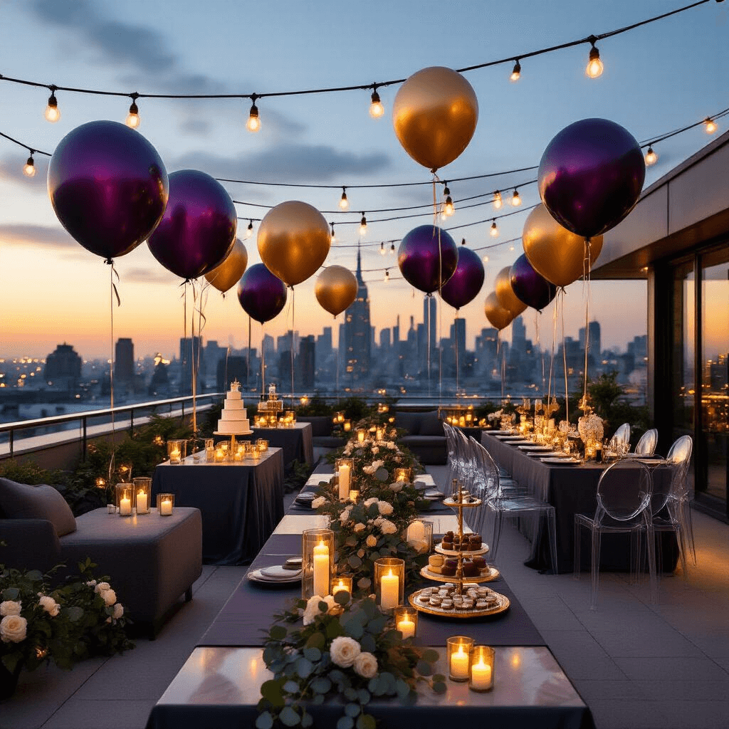 Cinematic rooftop terrace party with elegant jewel-tone balloons, sleek modern furniture, warm string lights, city skyline at twilight, contemporary ghost chairs, charcoal gray tables with gold runners, luxurious centerpieces, and a stunning dessert station.