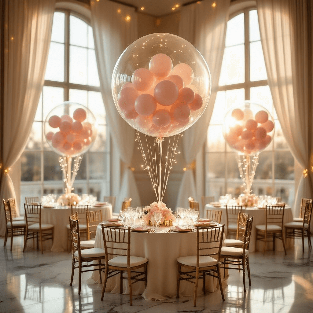 Cinematic wide-angle view of an elegant ballroom at golden hour, showcasing floating bubble balloon centerpieces above round tables with ivory silk linens, blush pink and cream confetti, and delicate fairy lights, all enhanced by natural light and sheer drapery.
