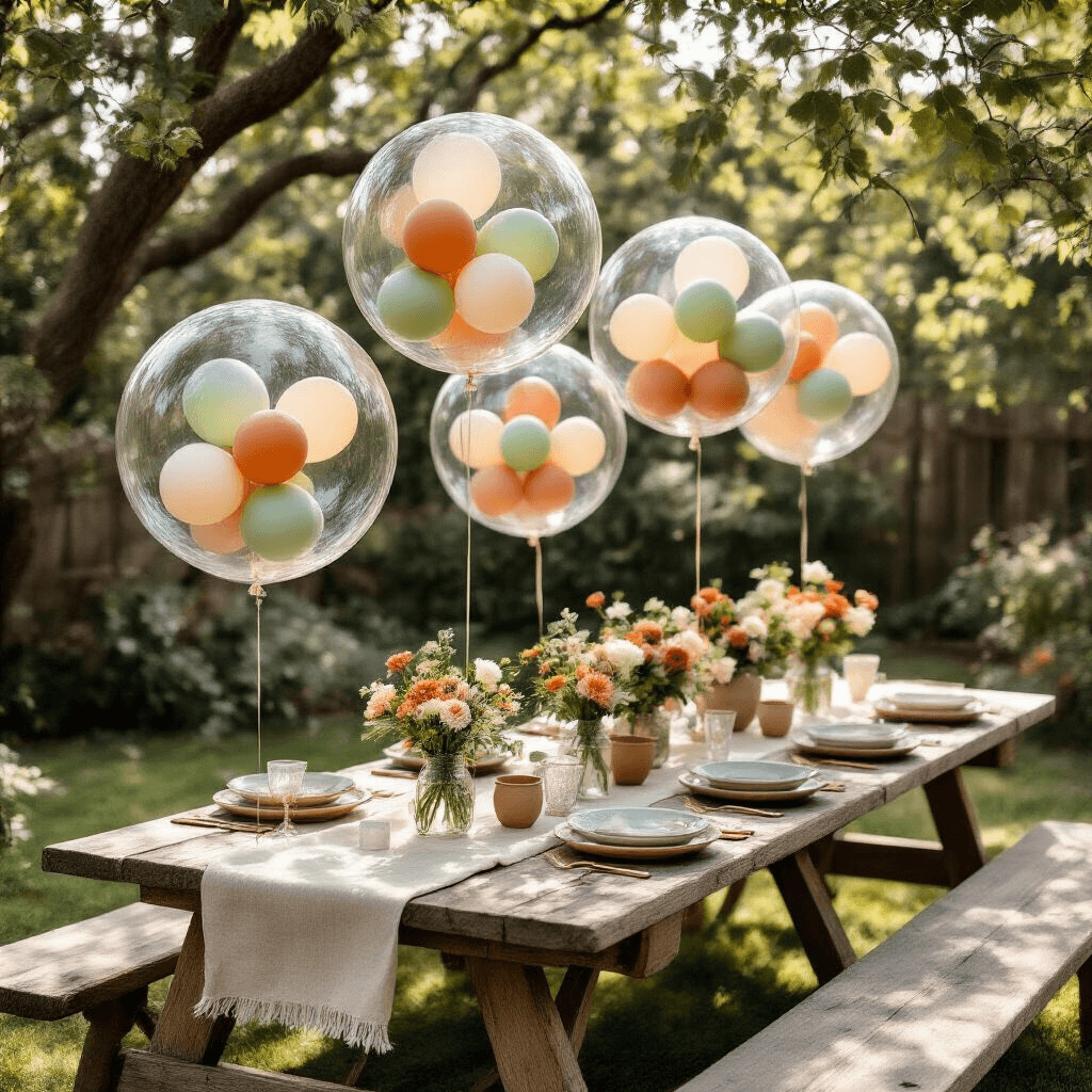 Overhead flat-lay of a garden party with clear bubble balloons containing smaller sage green, terracotta, and cream latex balloons, set above picnic tables adorned with natural linen runners, ceramic dinnerware, and mason jar floral centerpieces, all beautifully lit by soft morning light filtering through tree branches.