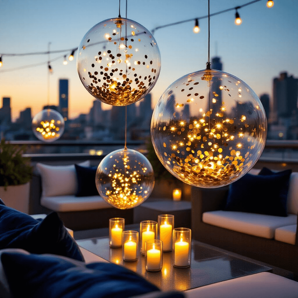 Close-up of a modern rooftop terrace birthday celebration at night, featuring glowing 24-inch bubble balloons filled with confetti, contrasted against a city skyline, surrounded by candlelight, sleek charcoal and white furniture, and elegant deep navy cushions.