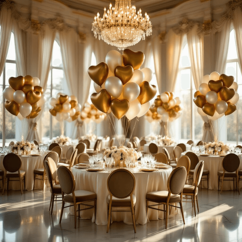 A luxurious indoor ballroom adorned with gold and ivory mylar balloon arrangements, featuring silk ivory table linens, towering balloon centerpieces, ornate chandeliers, and polished marble floors, creating an elegant atmosphere for a wedding.