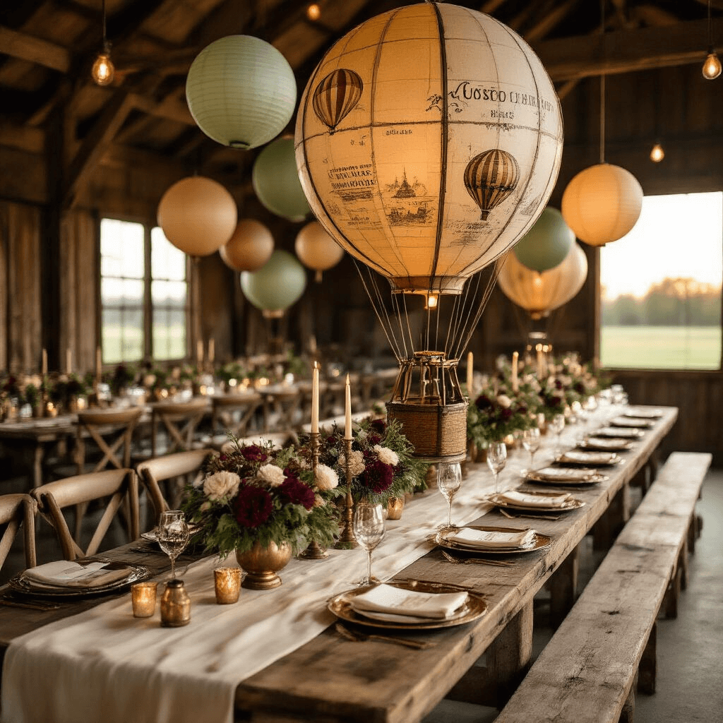Elegant vintage hot air balloon birthday party setup in a rustic barn, featuring wooden tables with cream linen runners, sepia-toned balloon centerpieces, and muted jewel-toned paper lanterns hanging from beams, all bathed in warm golden hour light.