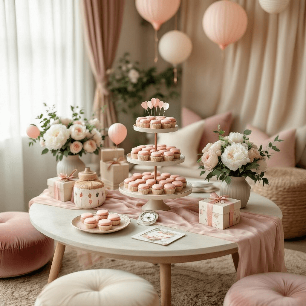 Intimate hot air balloon themed baby shower setup in a cozy living room, featuring a blush pink and cream color palette, tiered cake stands with balloon-shaped macarons and cupcakes, low floral arrangements, scattered vintage postcards, and decorative gift boxes, all illuminated by soft morning light and delicate fairy lights.