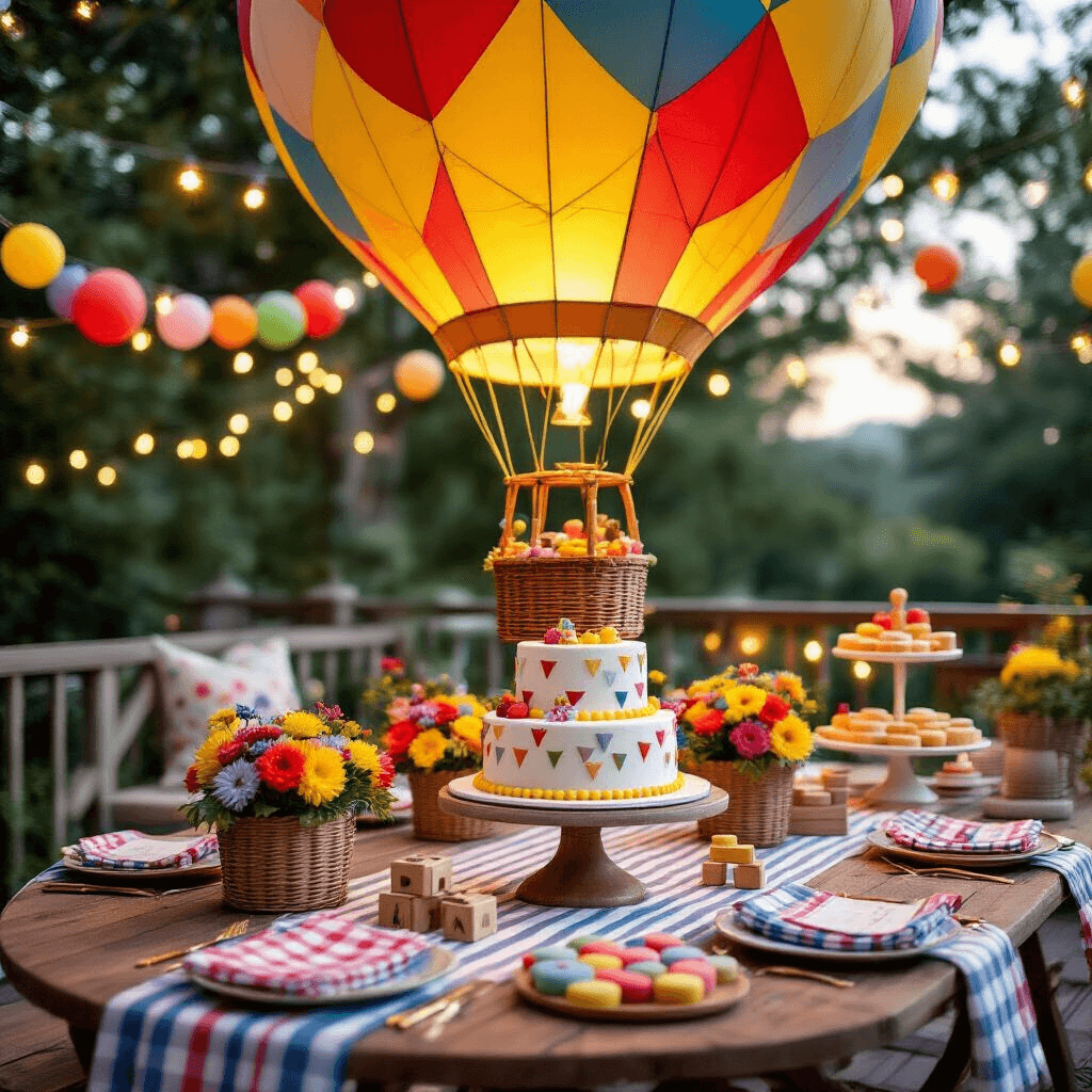 A whimsical birthday party scene featuring a hot air balloon theme on a terrace, with picnic-style tables adorned in red, yellow, and blue textiles, colorful flower centerpieces, vintage toy airplanes, and a three-tier cake on a wooden stand, all under string lights and framed by paper balloon garlands.