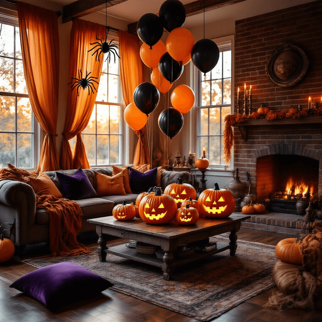 Wide-angle view of a cozy living room decorated for Halloween, featuring balloon pumpkins, black balloon spiders, warm amber lighting, and plush purple cushions, creating an intimate autumn atmosphere.