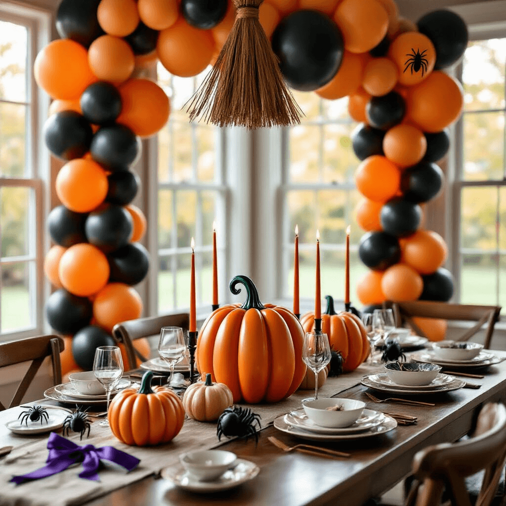 Elegant Halloween party table setup featuring intricate balloon pumpkin centerpieces, fine china place settings, and soft morning light in a modern dining room, accented with a rich color palette of terracotta orange, midnight black, and sage green balloons, with marble countertop party favors and balloon spiders in window corners.