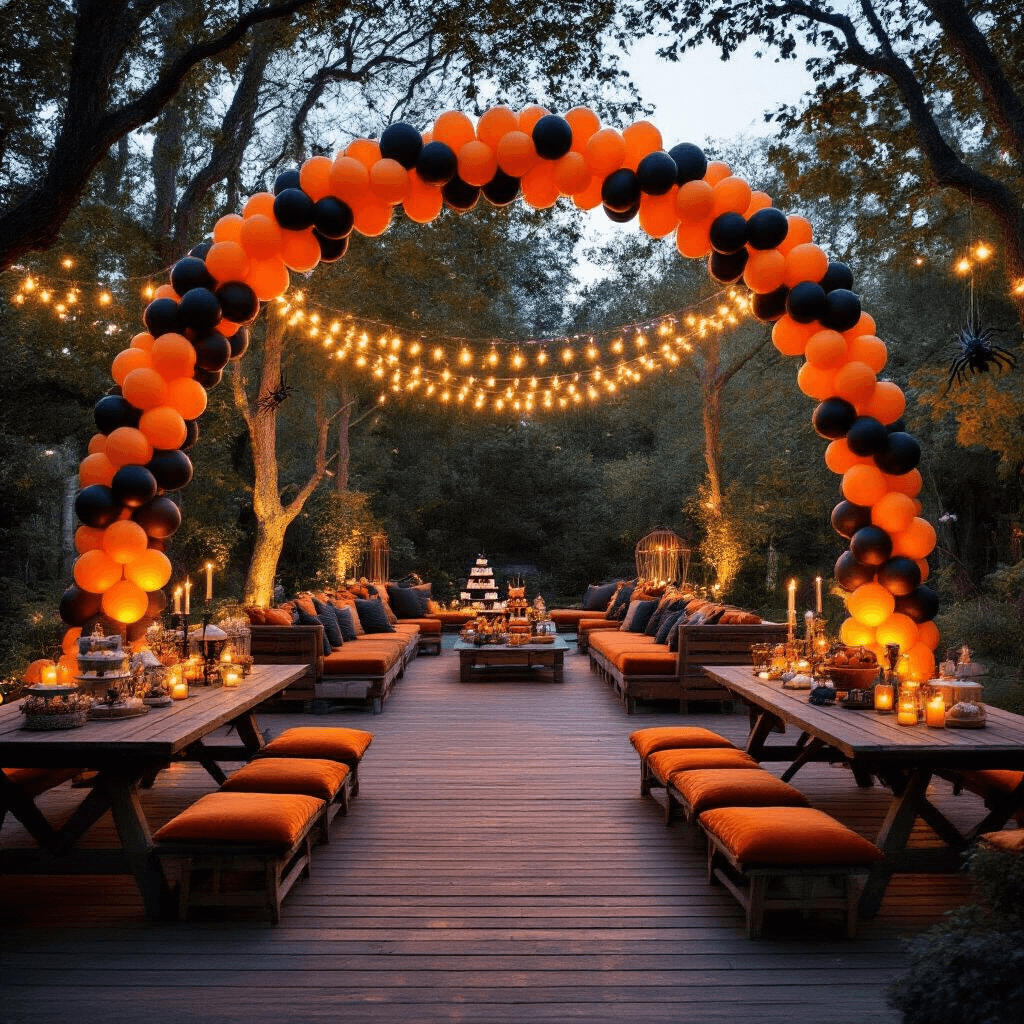 Cinematic wide shot of a spacious backyard Halloween celebration featuring dramatic balloon columns, a garland archway of orange and black balloons over picnic tables, cozy seating with floor cushions, a tiered cake display, sheer purple drapery with balloon spiders, and warm lighting creating a magical atmosphere.