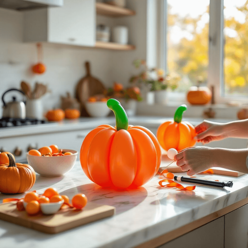Close-up image of a professionally styled balloon craft station in a bright modern kitchen, featuring a step-by-step balloon pumpkin construction process with 260 modeling balloons in Halloween colors, an electric balloon pump, garland strips, and ceramic bowls of balloon ties and ribbon. Hands demonstrate a pinch twist technique with orange latex balloons, while soft natural light highlights the intricate details and textures of the setup against a backdrop of a balloon column base and partially completed Halloween garland.