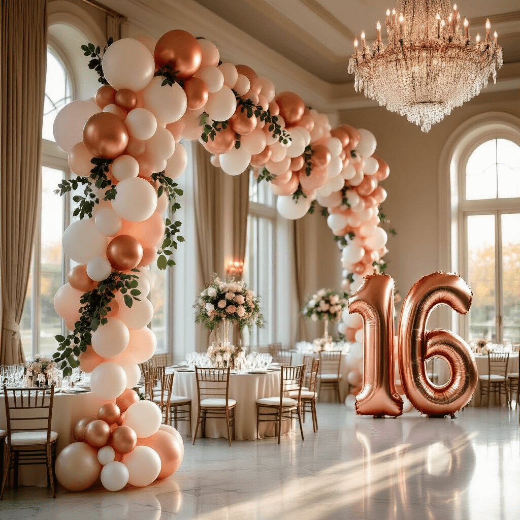 A photorealistic wide-angle shot of an elegant indoor ballroom at golden hour, featuring a stunning organic balloon garland in rose gold, white, and blush pink, with eucalyptus greenery. Round tables with ivory silk linens are beneath crystal chandeliers, and warm light streams through tall windows onto marble floors. Giant rose gold '16' balloons near the entrance are surrounded by smaller balloons, with luxurious decor including glass centerpieces, floating candles, and gold-rimmed place settings.