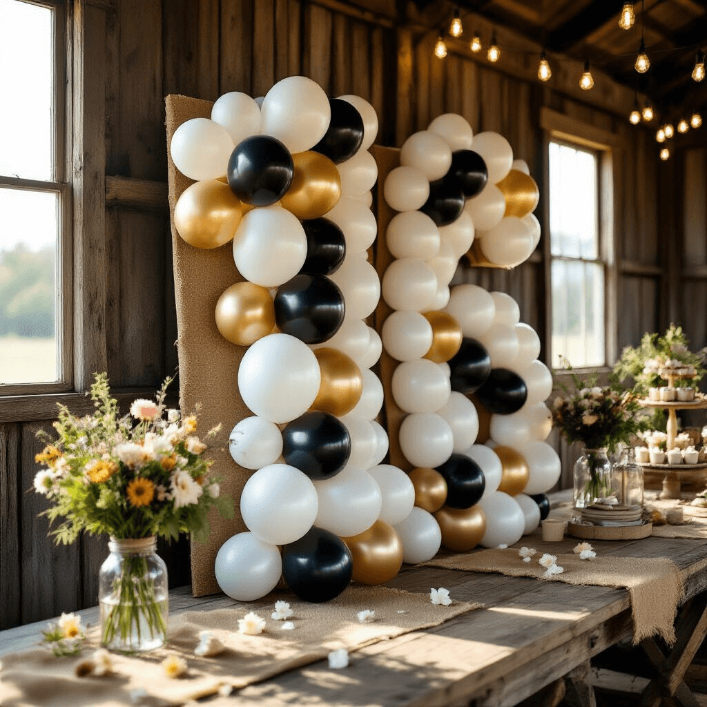 Close-up of a rustic barn venue featuring a pearl white and black balloon mosaic spelling '16', set against weathered wood walls with natural sunlight creating dramatic shadows. Wooden farm tables adorned with burlap runners and mason jar wildflower centerpieces, string lights above, and decorative tiered cake stands and vintage bottles capture the rustic ambiance.