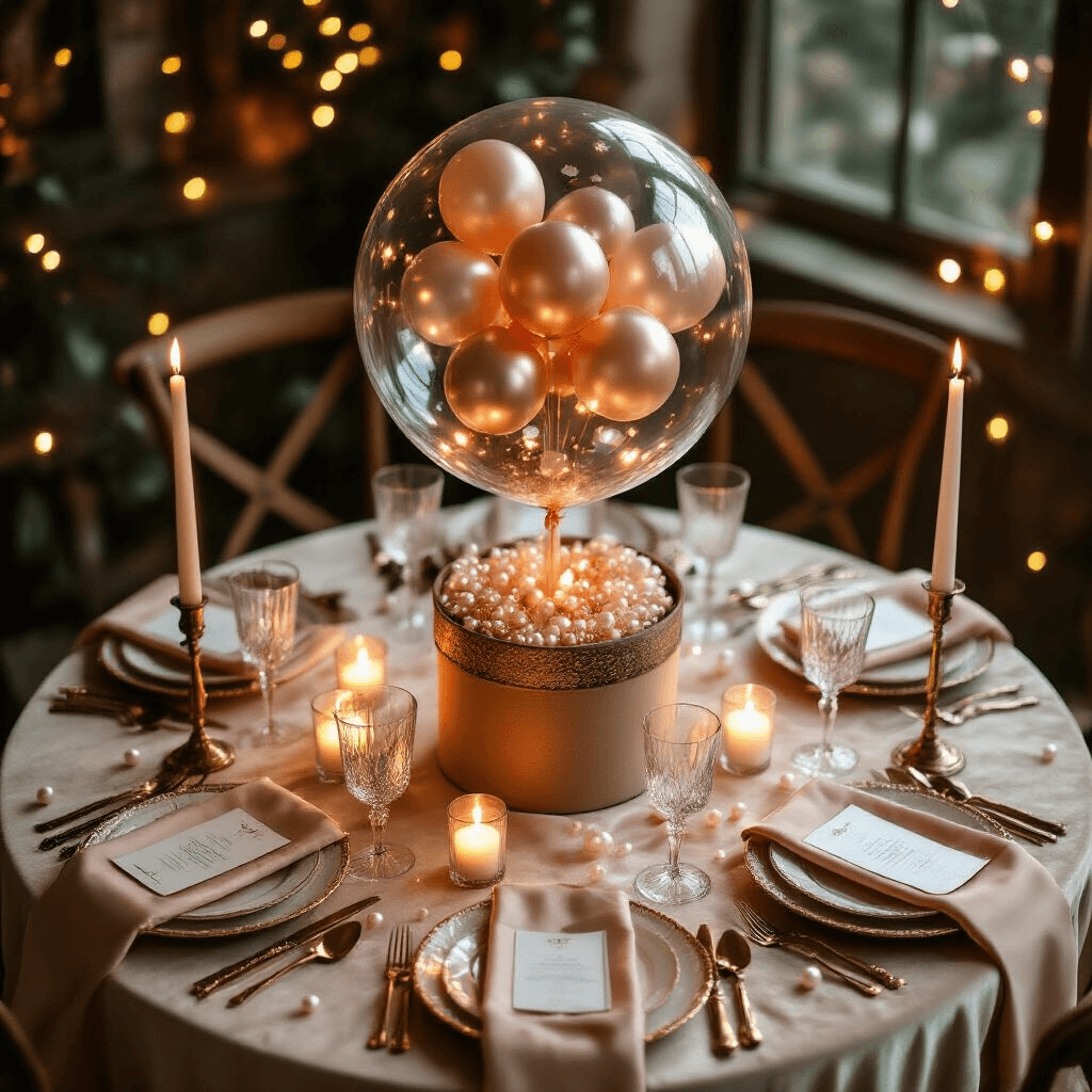 An intimate dining nook featuring a bubble balloon centerpiece in a decorative hatbox on a round table with cream velvet linens, gold-rimmed china, crystal glassware, blush silk napkins, and scattered pearl accents, all illuminated by candlelight and fairy lights, creating a cozy, luxurious atmosphere.