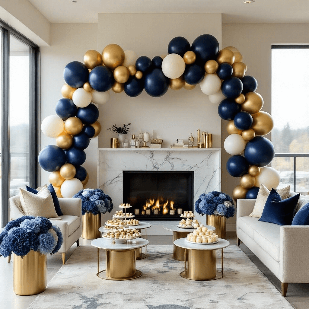 A stylish modern apartment living room decorated for a celebration with navy, gold, and cream balloon arrangements, featuring an asymmetrical balloon garland over a contemporary fireplace, abundant morning light, and elegant dessert displays on low coffee tables.