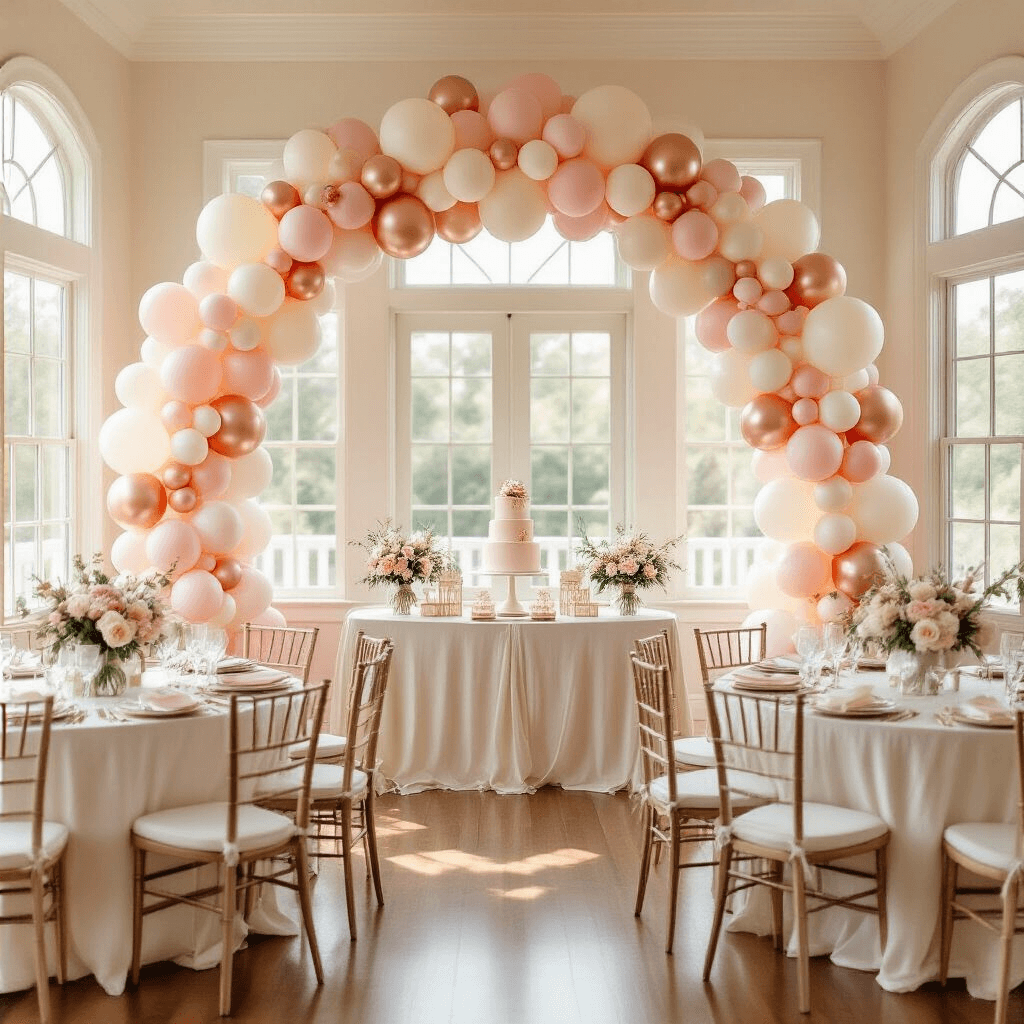 A luxurious indoor baby shower scene featuring a stunning blush pink, ivory, and rose gold balloon arch, large windows allowing soft afternoon light, and elegantly arranged round tables with silk linens and delicate balloon centerpieces.
