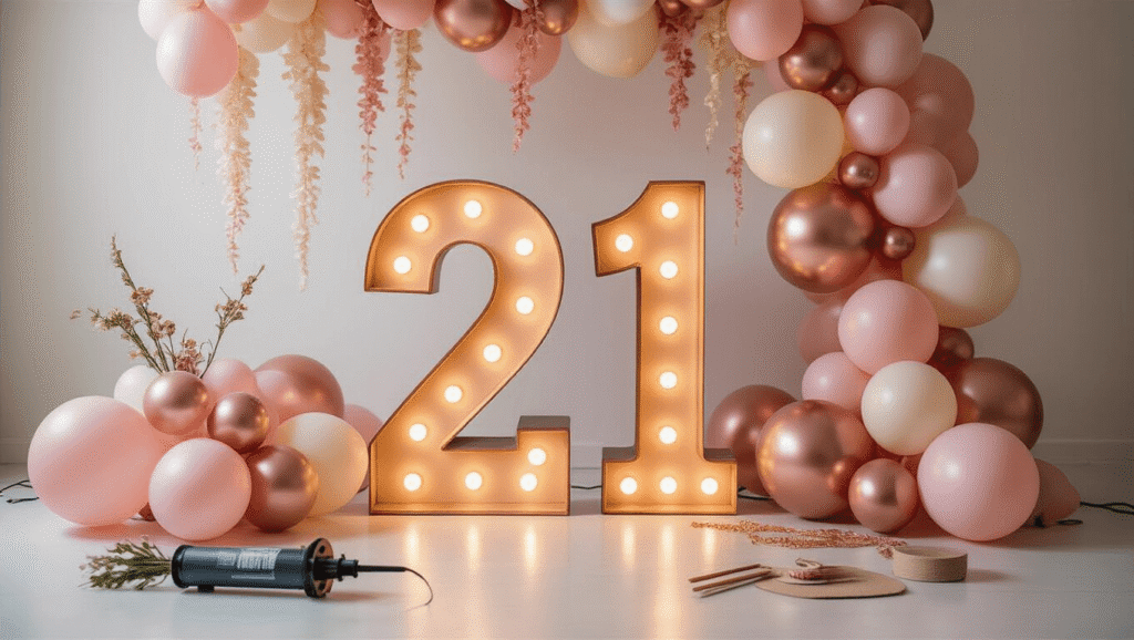 A cinematic wide shot of illuminated "21" marquee numbers surrounded by organic balloon garlands in blush pink, rose gold, and ivory tones, with faux floral stems and crafting materials in the foreground, captured in warm golden hour lighting.