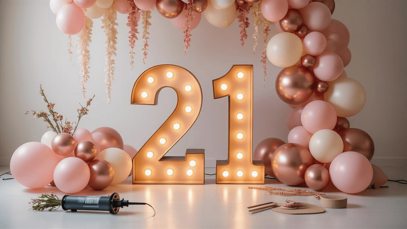 A cinematic wide shot of illuminated "21" marquee numbers surrounded by organic balloon garlands in blush pink, rose gold, and ivory tones, with faux floral stems and crafting materials in the foreground, captured in warm golden hour lighting.