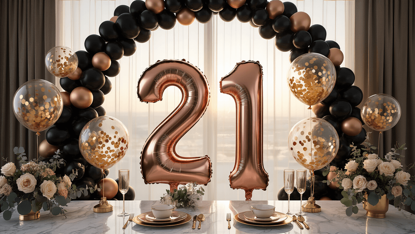 Cinematic wide-angle shot of a luxurious 21st birthday balloon display featuring rose gold mylar number balloons "2" and "1", surrounded by a black and gold balloon arch, crystal bubble balloons with gold confetti, and an elegant balloon garland. The scene is set with warm golden hour lighting on a marble surface, accented by silk ribbons, eucalyptus greenery, sophisticated tableware, and rich textures, creating an Instagram-worthy atmosphere with dreamy bokeh lighting.