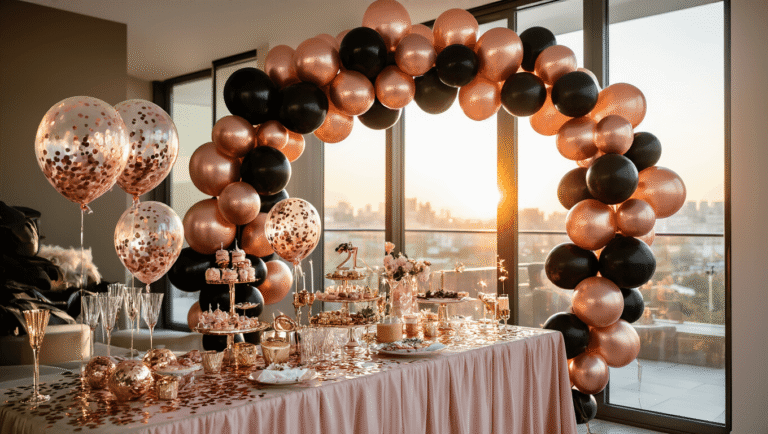 A sophisticated 21st birthday party in a modern apartment featuring a rose gold and black balloon arch with 21 balloons, confetti-filled clear balloons in golden hour light, an elegant dessert table with crystal glassware and blush pink linens, and a luxurious ambiance.