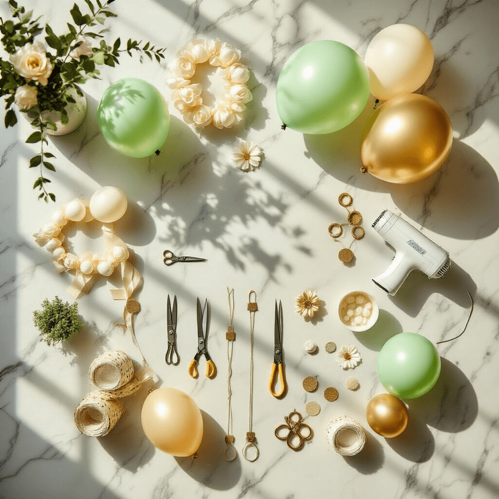An overhead flat lay of a whimsical DIY balloon crafting setup on a marble kitchen countertop, featuring uninflated balloons in sage green, cream, and gold, along with tools like an electric pump and scissors, partially completed clusters, greenery, ribbons, and a tablet with tutorial videos, all illuminated by natural morning sunlight.