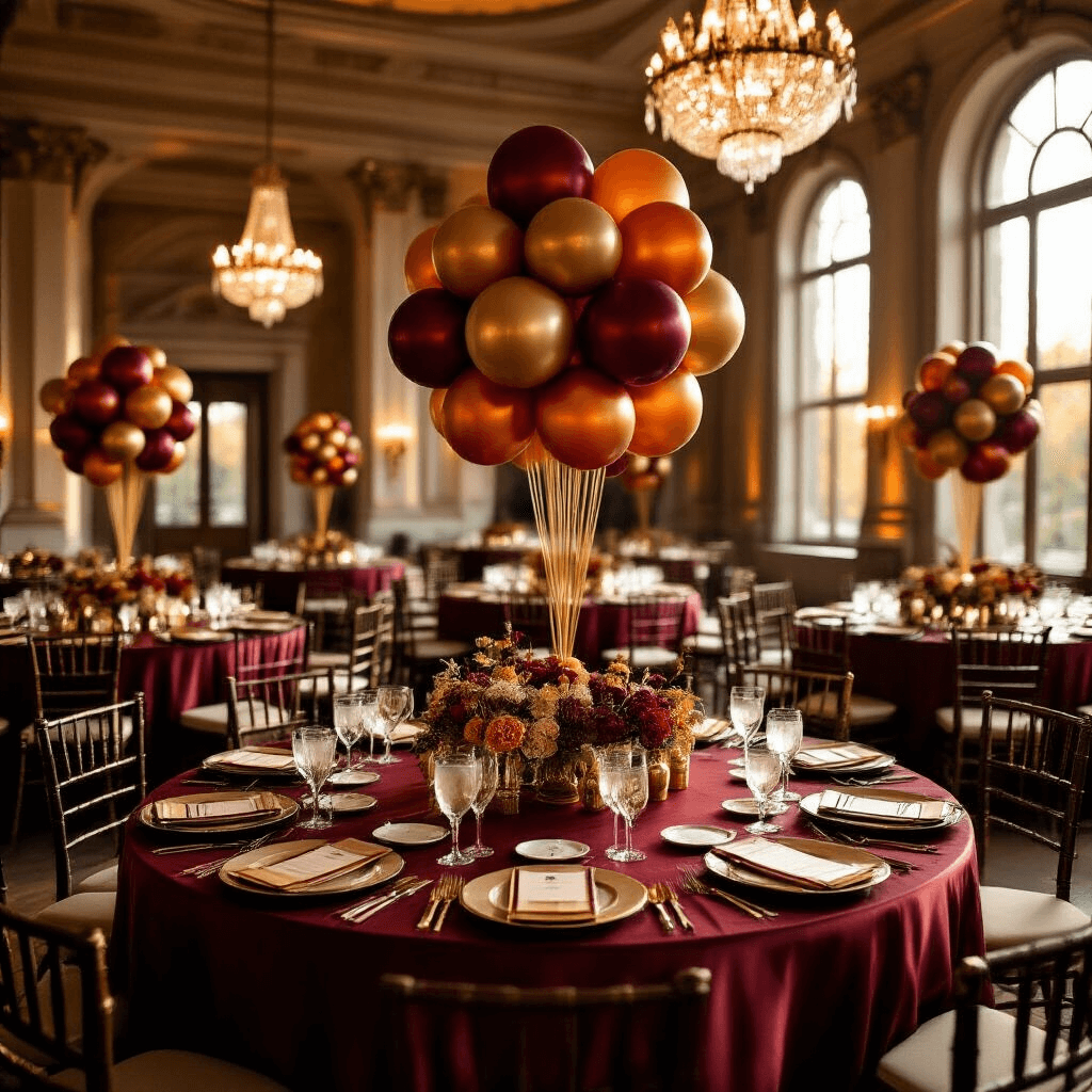 Elegant indoor ballroom set for a luxurious 1920s-inspired Thanksgiving celebration, featuring rich burgundy silk-draped tables, sophisticated balloon centerpieces, gold-rimmed ceramics, crystal chandeliers, and atmospheric decor that evokes nostalgic warmth during golden hour.