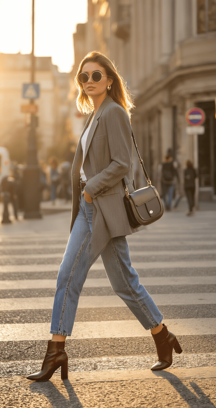 A young woman in a tailored blazer and high-waisted jeans confidently walks by a stylish street corner during the golden hour, wearing chic leather ankle boots, oversized round sunglasses, and carrying a structured shoulder bag.