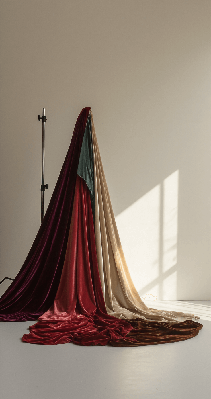 Wedding Guest Makeup That Actually Lasts Through All the Dancing A minimalist studio space with soft ambient lighting showcases a fashion editorial setup featuring luxurious fabrics in rich jewel tones, including velvet, satin, and silk, artfully draped and layered in anticipation of a model.