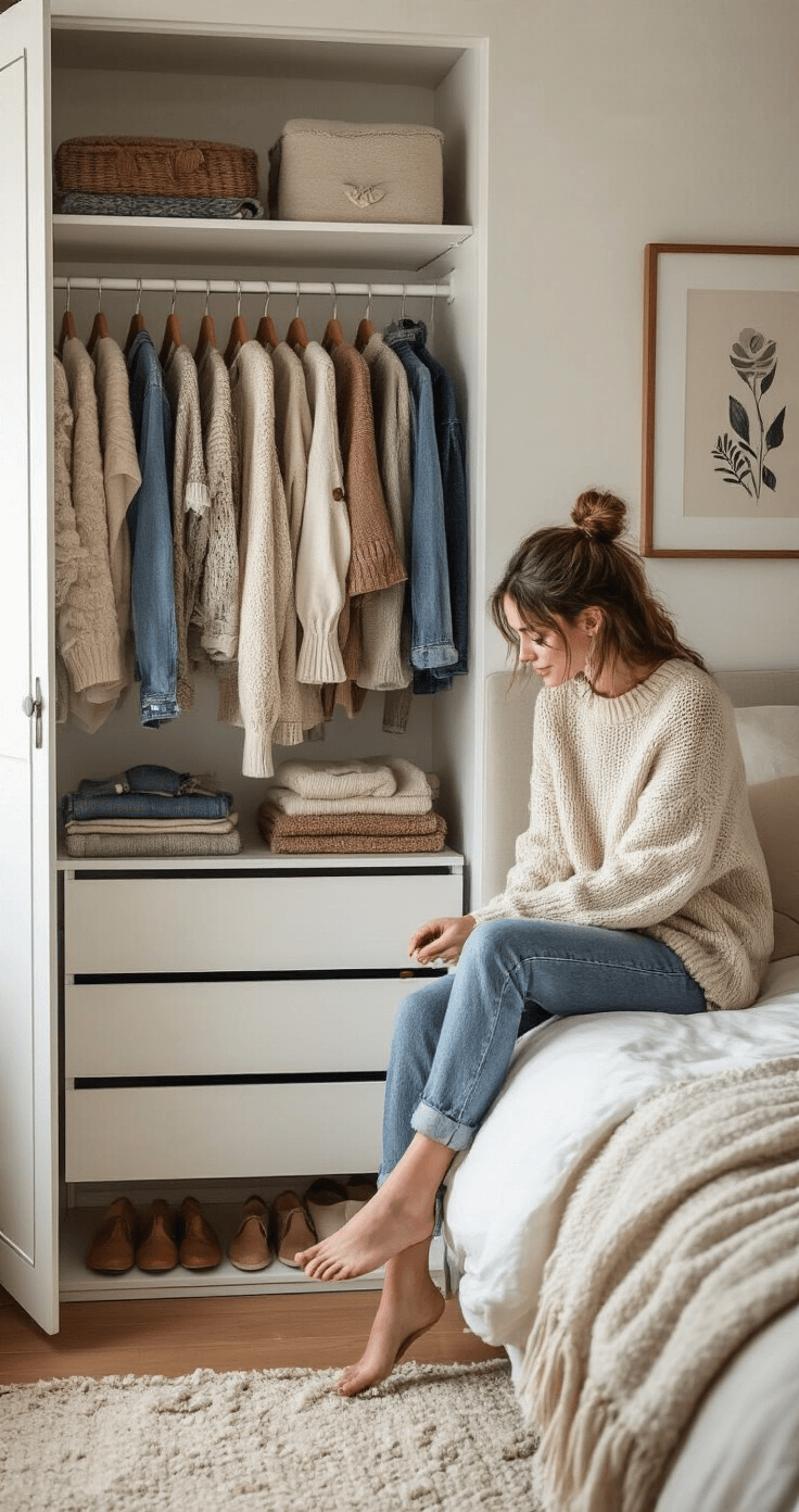 Wedding Guest Makeup That Actually Lasts Through All the Dancing A model sits on the edge of a cozy bedroom bed, surrounded by a neatly organized closet and dresser filled with knits, denim, and accessories, trying on different outfit combinations.