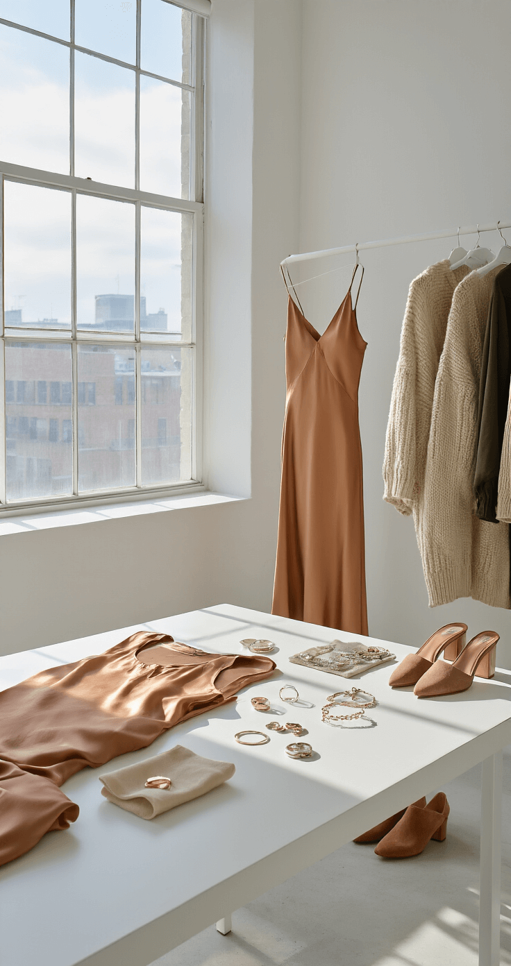 A bright minimalist studio filled with natural light, featuring a white table showcasing a silky slip dress in a warm neutral tone, a chunky oversized cardigan, suede mules, and an assortment of delicate rings, bracelets, and necklaces.