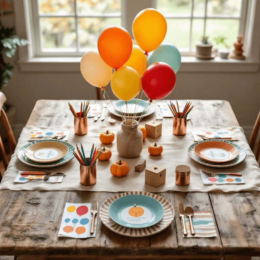 Overhead flat lay of a whimsical balloon-themed children's Thanksgiving dining nook with a rustic wood table, vibrant balloon cutouts, low helium balloon centerpieces, colorful ceramic place settings, craft supplies in mason jars, and fresh sunflowers, all bathed in soft morning light.