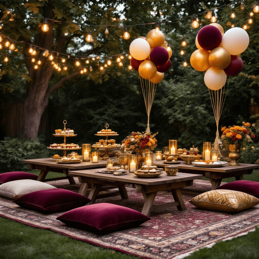 A stylish backyard picnic setup featuring low wooden tables with velvet floor cushions in rich hues, adorned with autumn-themed treats on tiered dessert stands. Vintage balloons float above, surrounded by Persian rugs, brass serving trays, and clusters of pillar candles. Warm copper fairy lights drape through tree branches, creating a magical ambiance in a color palette of terracotta, sage green, and gold.