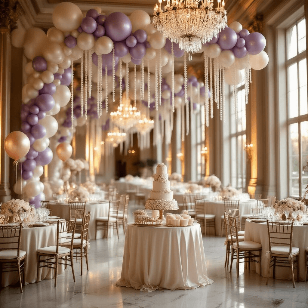 Elegant indoor ballroom decorated for a sophisticated celebration with pearl balloon garlands, a luxurious dessert table, round tables with silk linens, and illuminated by golden hour light and crystal chandeliers.