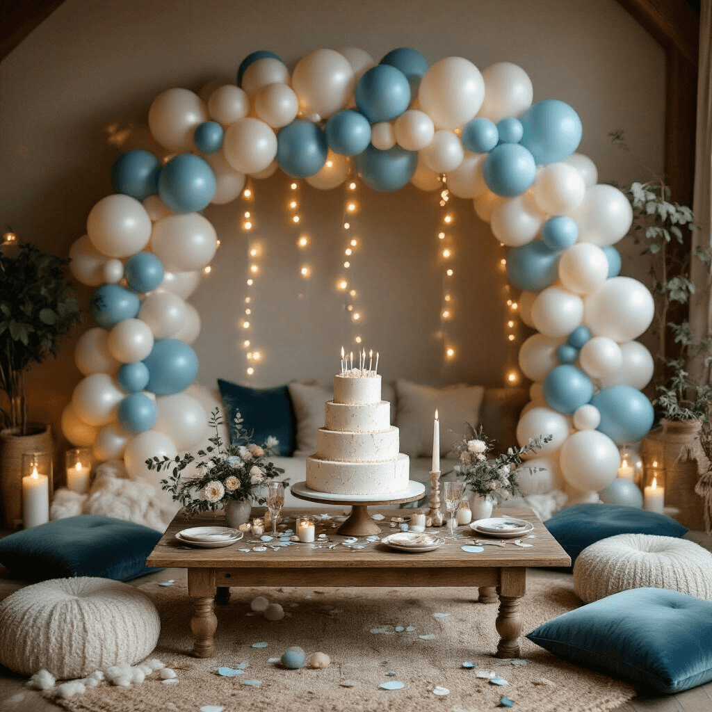 An intimate overhead flat lay of a cozy birthday celebration with an organic balloon garland in pearl azure and pearl white surrounding a tiered cake on a rustic wooden table, accented by soft fairy lights, velvet cushions, and delicate tableware, all illuminated by warm candlelight.