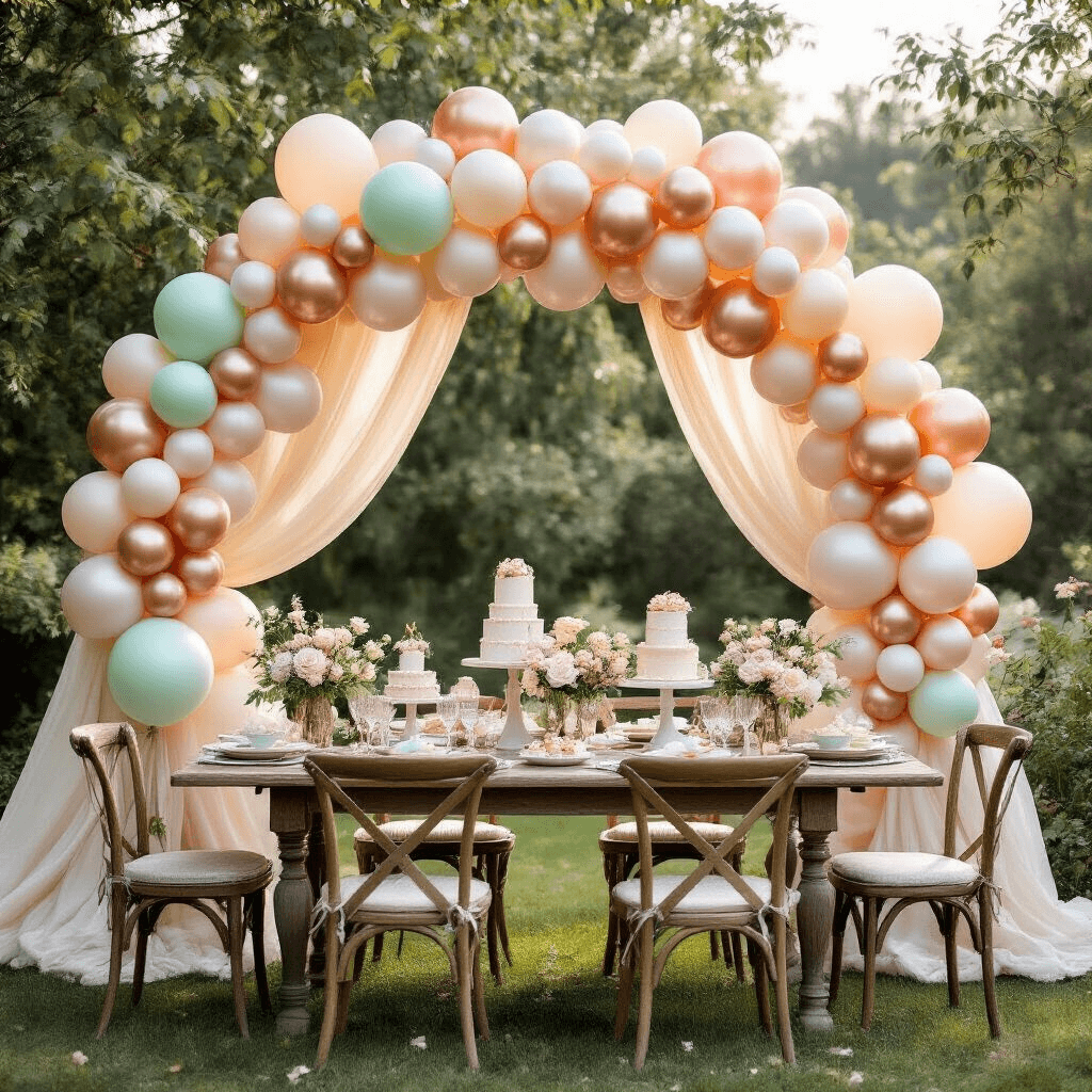 A whimsical garden celebration featuring a balloon arch in mint, cream, and rose gold, framed by rustic wooden tables with desserts on marble cake stands, surrounded by vintage chairs and small balloon bouquets, all under soft morning light with dappled sunlight filtering through trees.