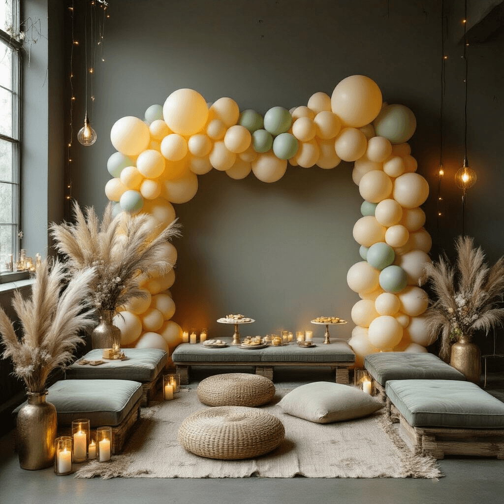 A sophisticated gender-neutral baby shower backdrop features a dramatic balloon wall in soft yellows, sage greens, and creams against charcoal gray walls, with warm candlelight and string lights illuminating an intimate dining room. Low rectangular tables with velvet and linen cushions create a modern bohemian atmosphere, complemented by cascading balloon designs, pampas grass, and greenery. Delicate pastries on tiered cake stands and gold-rimmed glassware enhance the cozy setting, enriched by layered textiles and flickering pillar candles.