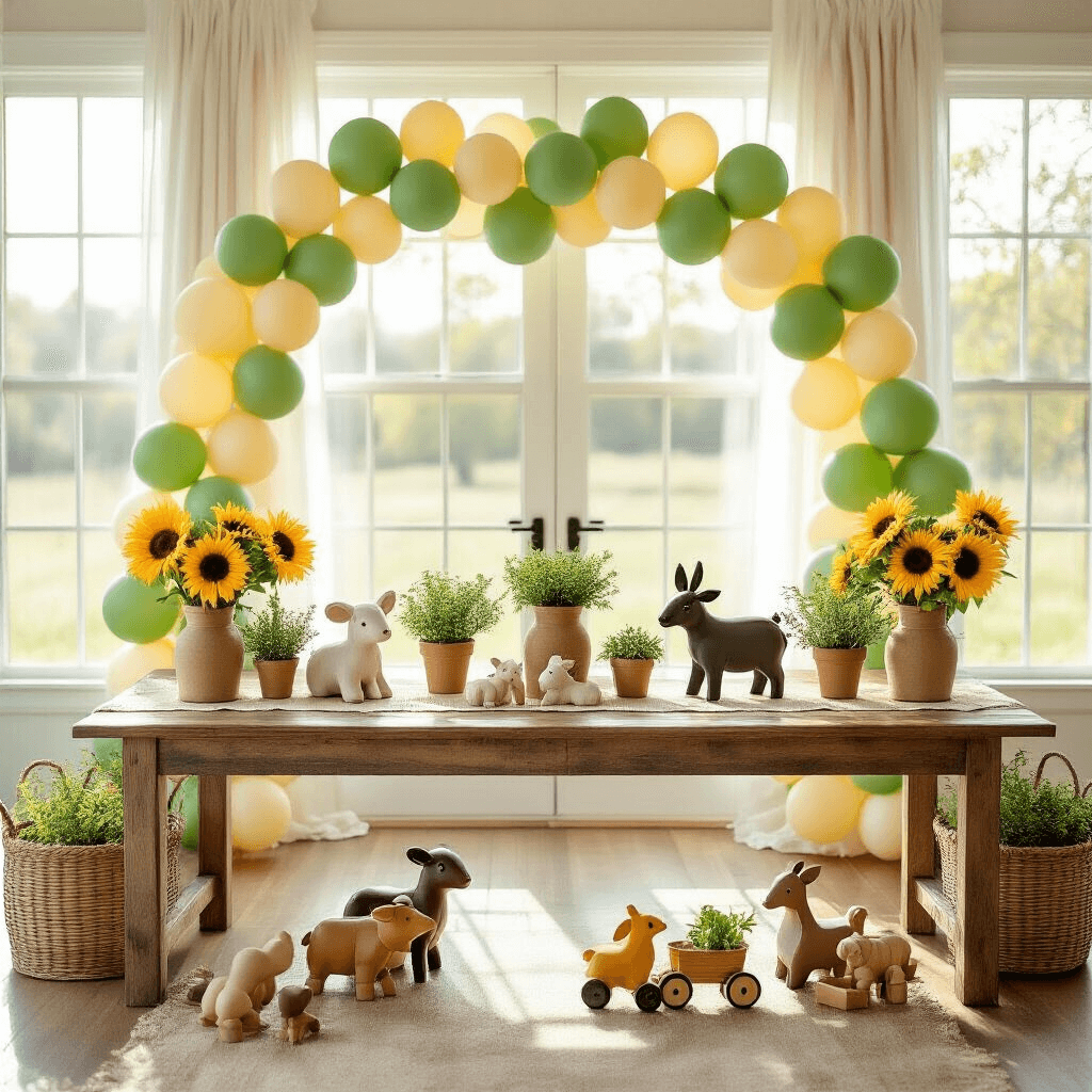 A beautifully arranged farm-themed third birthday party in a bright living room, featuring a rustic wooden coffee table with animal cutouts, balloon garlands, potted herbs, and sunflowers in mason jars, set against a backdrop of elegant balloon arches and vintage bunting.