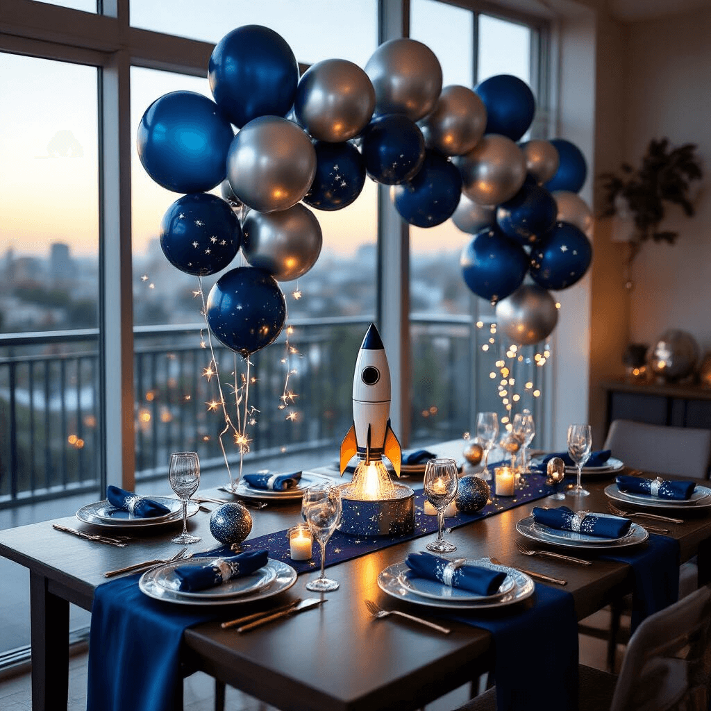 An elegant space-themed party setup in a modern dining room during golden hour, featuring a dark wood table with a navy blue silk runner, constellation-patterned plates, and a striking rocket ship centerpiece. The scene includes coordinated metallic balloon arrangements, twinkling LED string lights, silver napkin rings, and confetti-filled clear balloons, all illuminated by warm evening light.