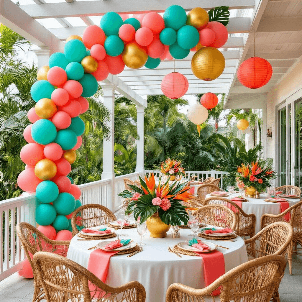 A vibrant tropical-themed party scene on a covered patio terrace, featuring a colorful balloon arch, white tables with coral silk linens, tropical floral centerpieces, wicker peacock chairs, and hanging paper lanterns, all set against terracotta tile flooring.