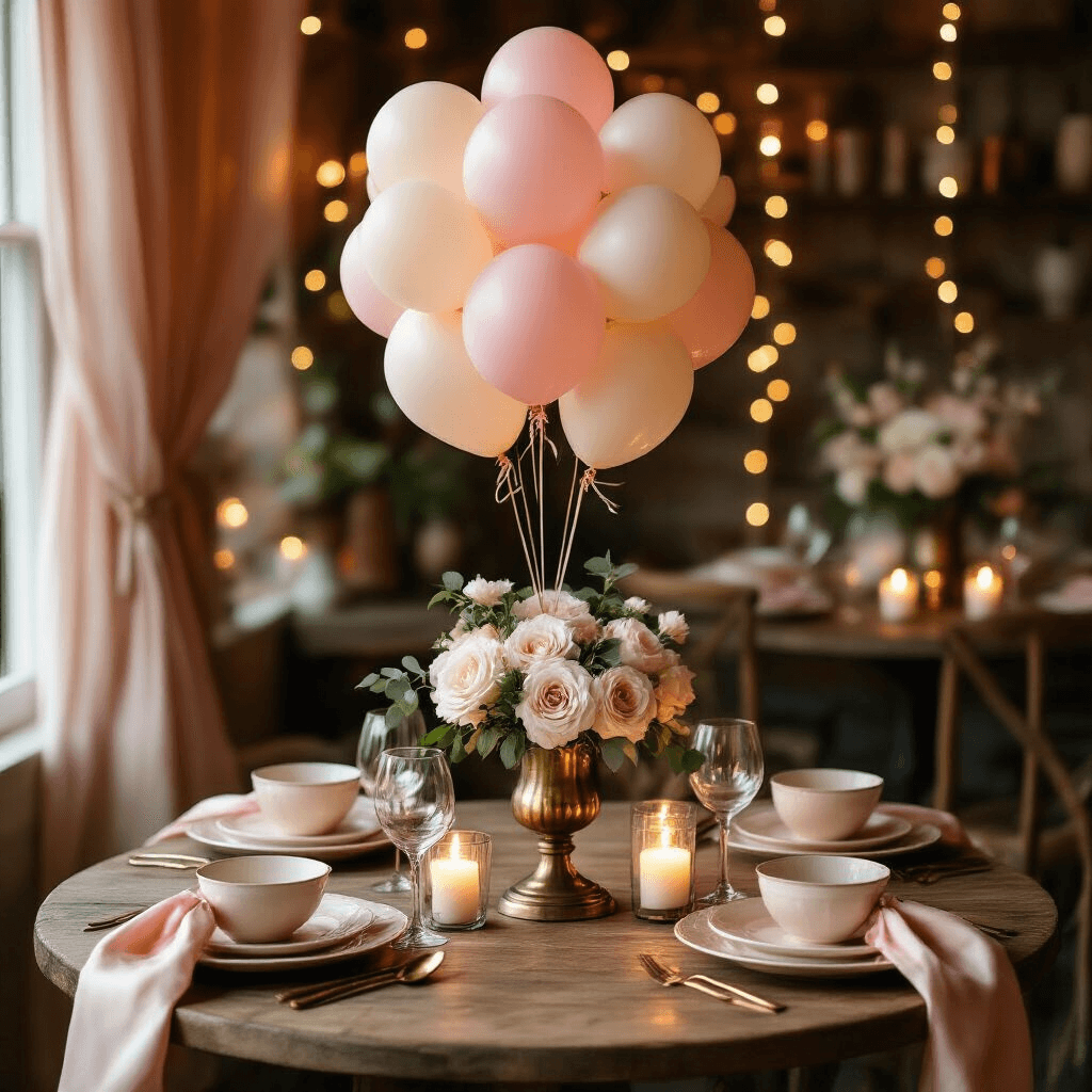 An intimate birthday celebration in a warm candlelit dining nook, featuring a reclaimed wood table with blush pink and cream balloon centerpiece, soft pink silk napkins, cream ceramic plates, rose gold flatware, pillar candles in glass hurricanes, and floral arrangements in vintage mason jars, all enhanced by sheer curtains and fairy lights creating a cozy atmosphere.