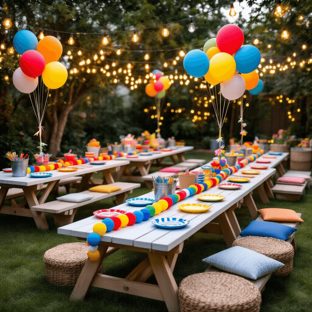 A whimsical children's party setup in a stylish backyard, featuring low wooden picnic tables with rainbow-colored balloon garlands, primary-colored tableware, string lights, woven grass mats for seating, craft stations in galvanized buckets, and fresh daisies in mason jars, all illuminated in warm golden light.