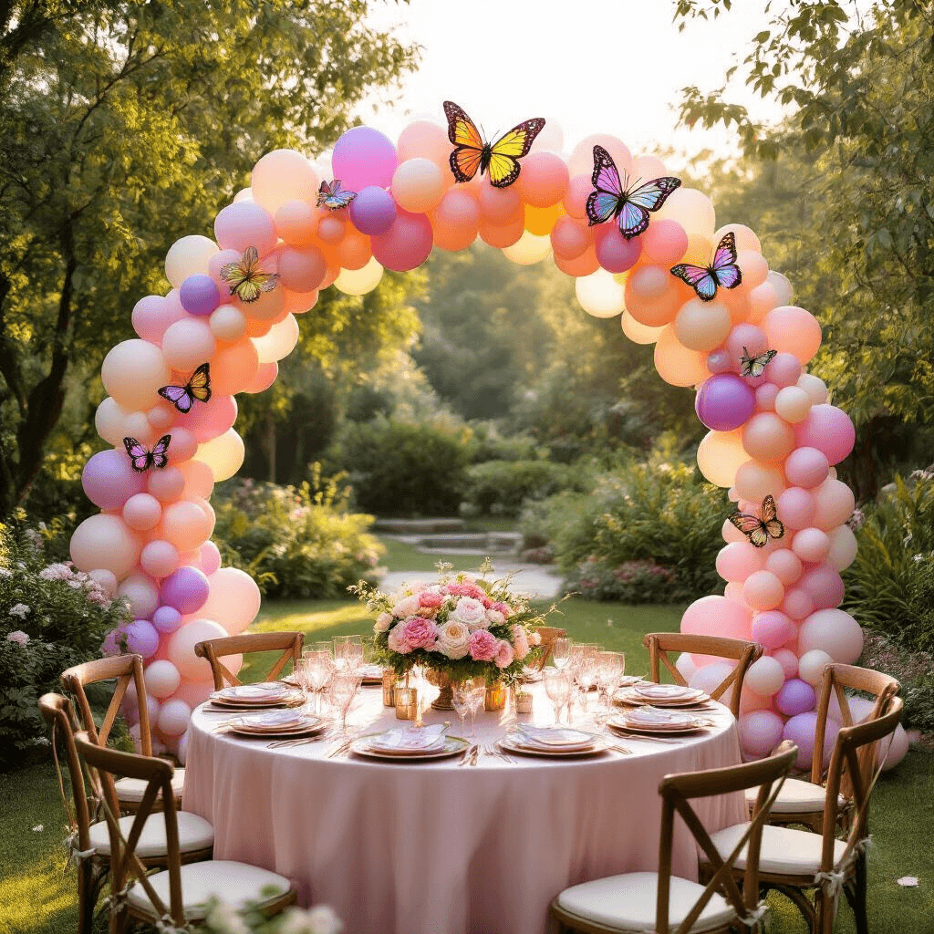A whimsical garden party celebration at golden hour, featuring a stunning 8-foot butterfly balloon arch, lush landscaping, rustic wooden tables with blush pink silk linens, floral centerpieces, and delicate flying butterfly decorations, all illuminated by warm sunlight filtering through tree branches.