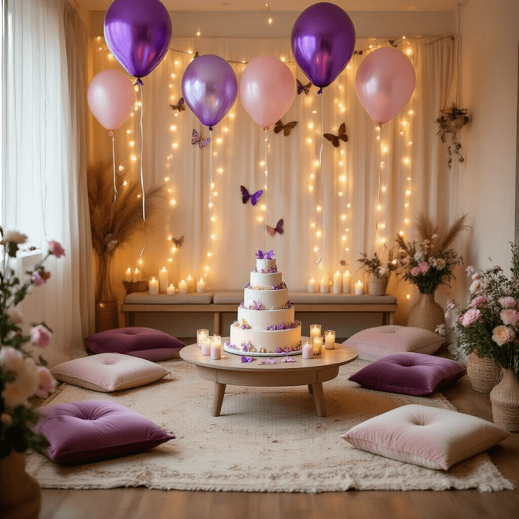 An overhead view of a cozy indoor birthday party transformed into a butterfly wonderland, featuring a three-tiered cake on a coffee table, purple, pink, and holographic butterfly balloons, velvet floor cushions, silk ribbon streamers, and fresh florals in mason jars, all under warm candlelight and fairy lights.