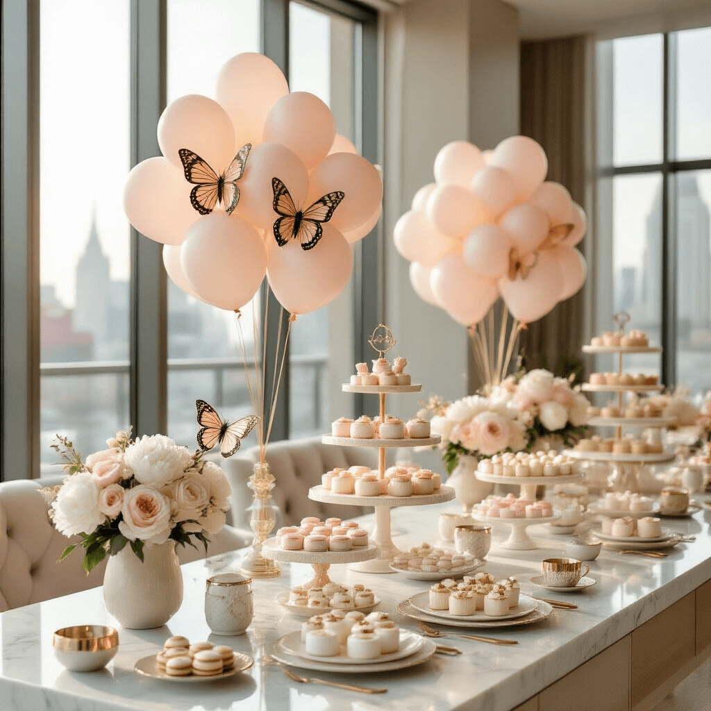 A sophisticated baby shower in a modern apartment, featuring elegant marble countertops, contemporary furnishings, and soft morning light. Delicate pastries on a dessert cart are adorned with butterfly balloon bouquets in soft pink and champagne tones. Centerpieces of white peonies and 18-inch butterfly balloons complement blush pink, cream, and gold accents throughout the decor. Gold-rimmed glassware and cream upholstered chairs with gold pillows enhance the luxe atmosphere.