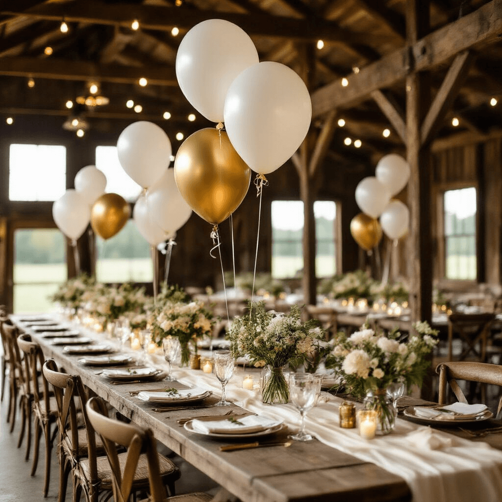 A rustic barn wedding reception illuminated by warm fairy lights, featuring sophisticated butterfly balloon accents alongside long farm tables adorned with ivory silk runners and mason jar florals in wildflowers, all captured in a cinematic wide shot showcasing the romantic atmosphere and vintage decor.