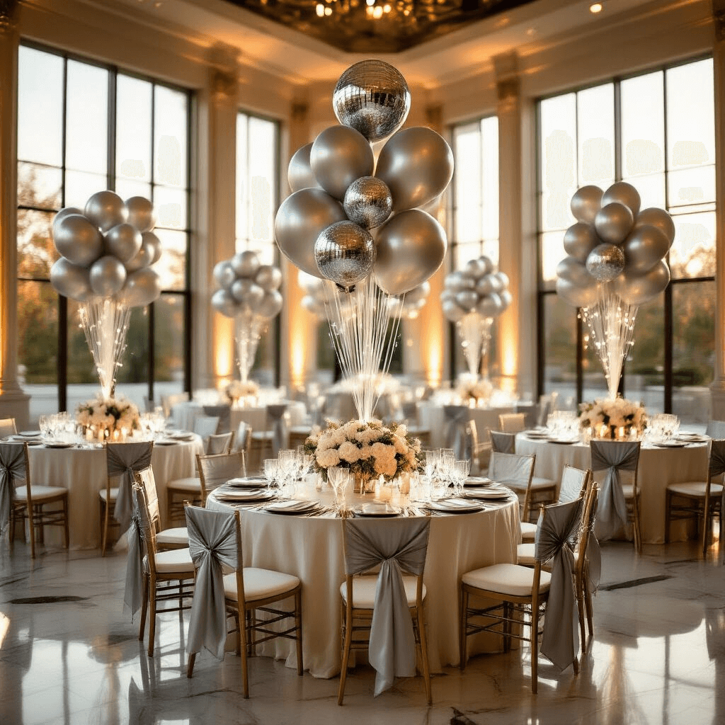 A luxurious indoor ballroom at golden hour, featuring elegant round tables with cascading silver foil balloon centerpieces and white peonies, draped in ivory silk linens with silver charger plates. Twenty-two inch silver disco ball balloons float above, casting reflections on marble floors. The scene includes tiered silver balloon arrangements, fairy lights intertwined with silver ribbon, and chairs adorned with silver satin sashes, framed by a dramatic ombre balloon arch in metallic and chrome silver tones.