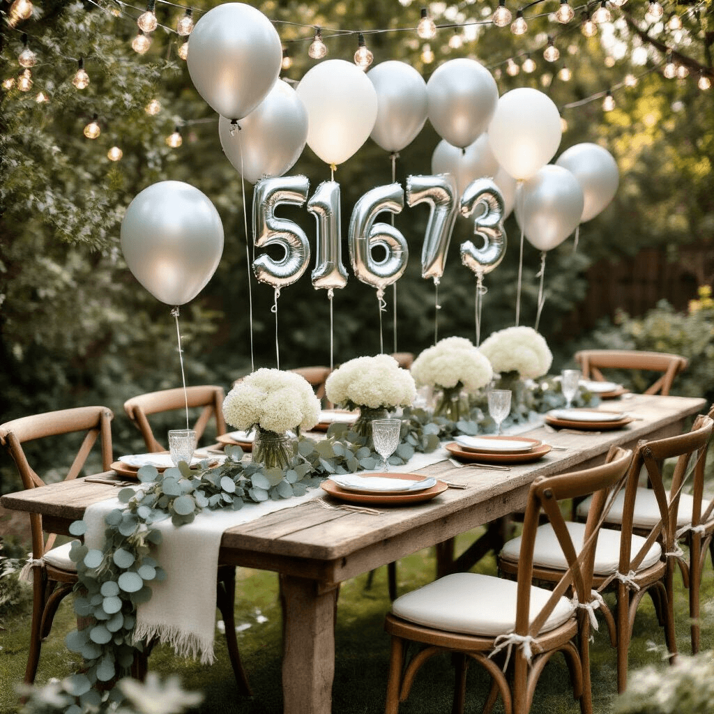 An overhead view of an intimate garden party featuring a rustic wooden table set with terracotta dinner plates, natural linen runners, and adorned with eucalyptus garlands and silver confetti balloons. Mason jars filled with white hydrangeas act as centerpieces, complemented by silver number balloons marking milestone ages, surrounded by vintage wooden chairs. String lights create a magical atmosphere, while geometric crystal-shaped silver balloon weights and scattered silver foil stars enhance the festive setting.